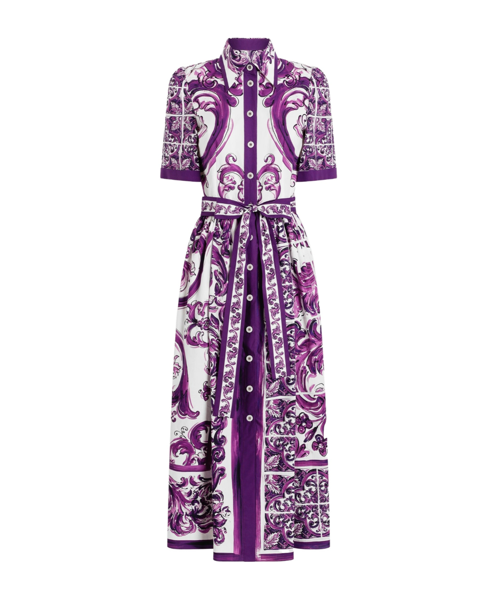 Dolce & Gabbana Collar Dress With Waist Knot And Majolica Print In Purple