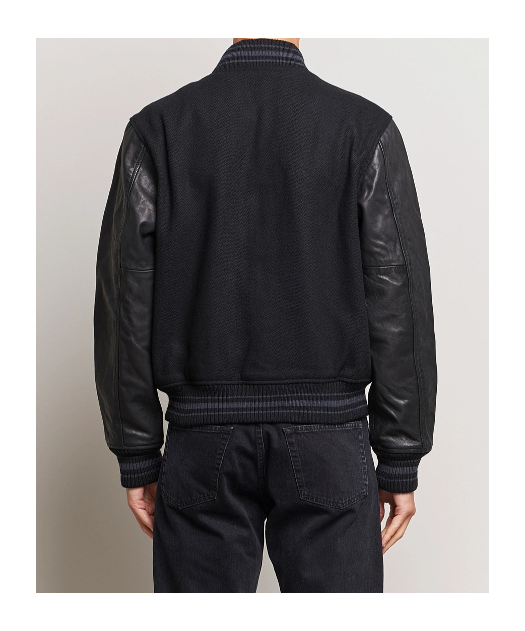 Polo Ralph Lauren Ribbed Collar Bomber Jacket With Leather Sleeves In Black