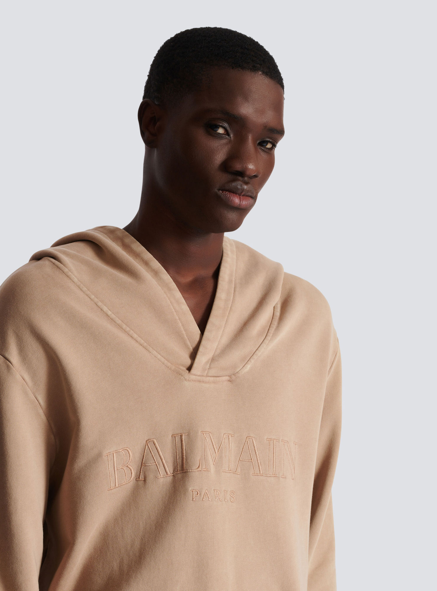Balmain Logo-embroidered V-neck Cotton Hoodie In Nude