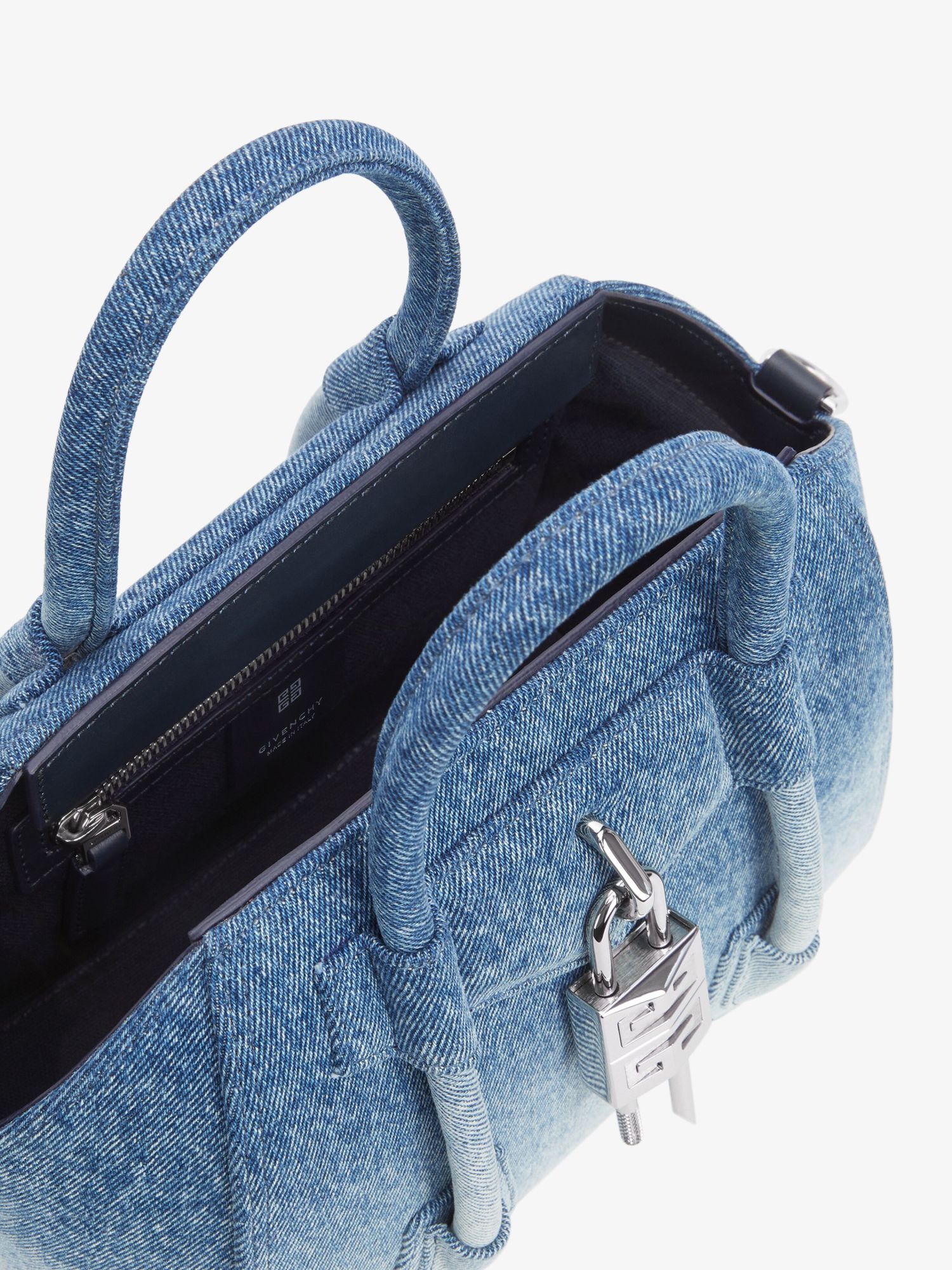 Givenchy Mini Antigona Lock Denim Top Handle Bag In Medium Blue