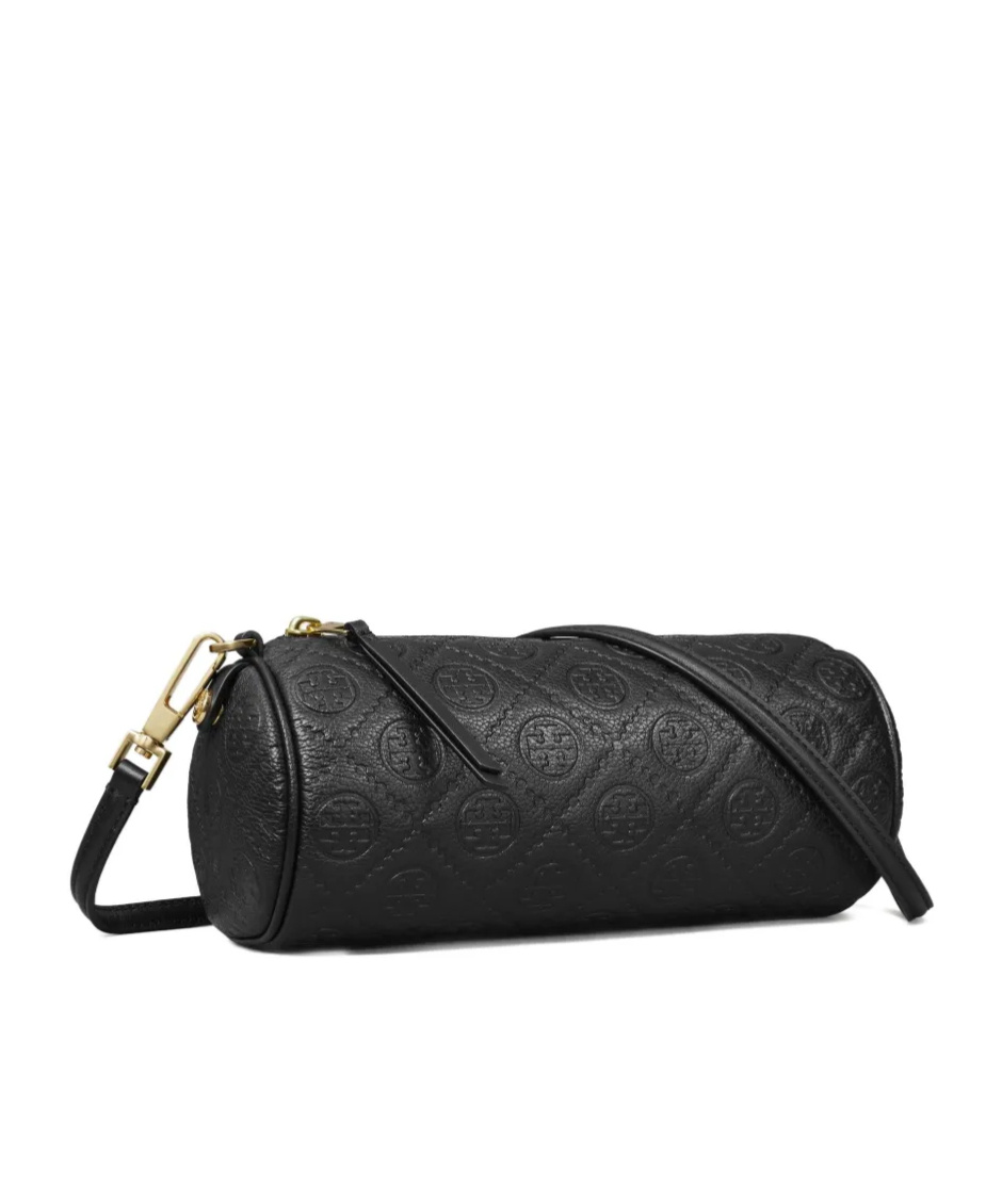 Tory Burch T Monogram Pebble Leather Cylinder Shoulder Bag In Black