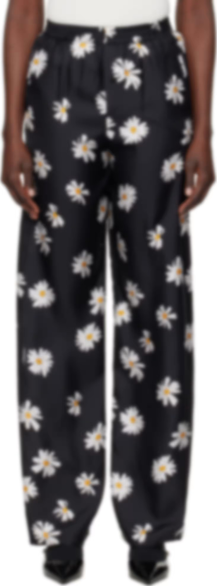 Moschino Black Silk Twill Allover Daisy Trousers In Black