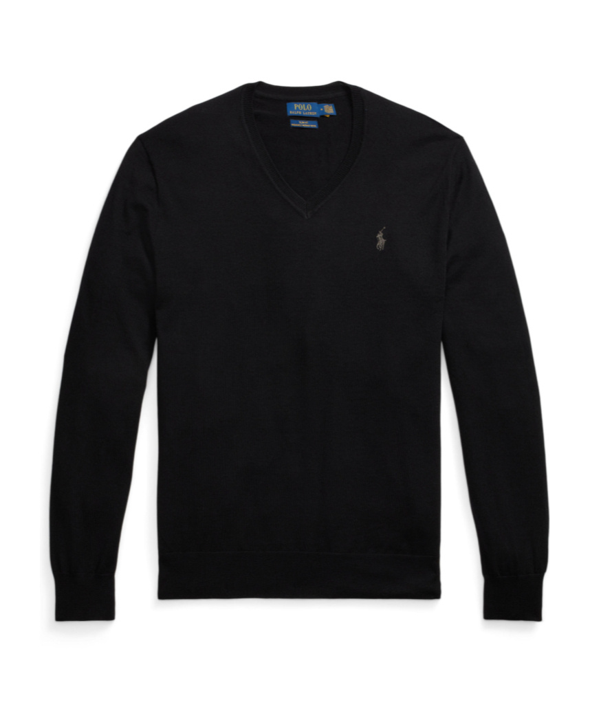 Polo Ralph Lauren Slim Fit Washable Wool V-neck Sweater Man Sweater Black Size L Merino Wool In Black