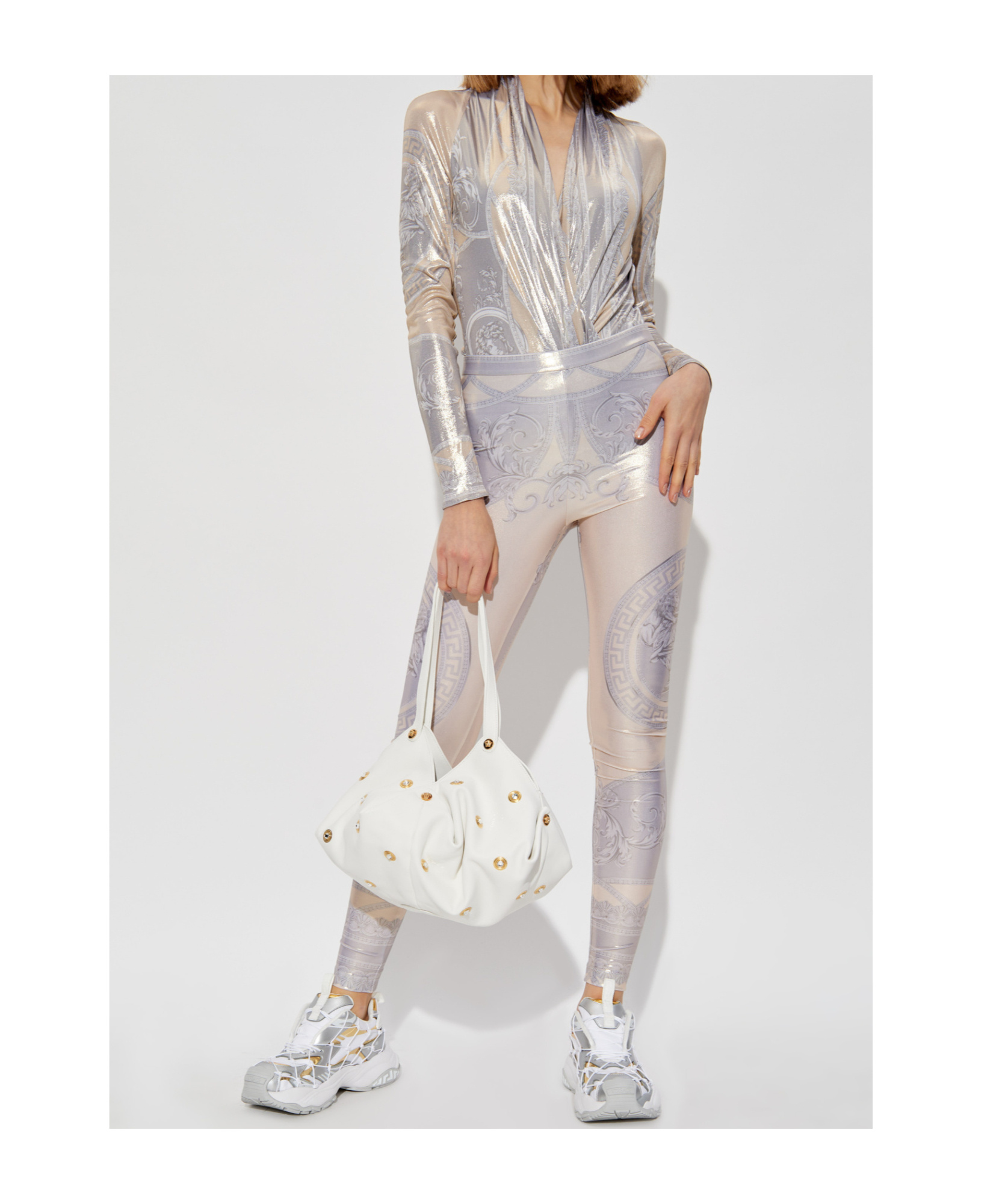 Versace La Coupe Des Dieux Laminated Leggings In Gray