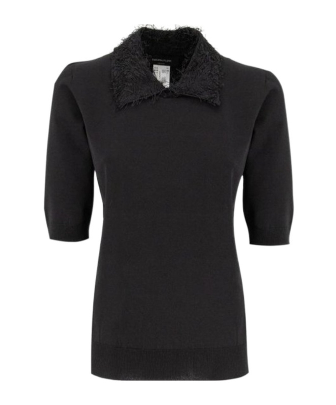 Fabiana Filippi Polo Shirt With Frayed Viscose Collar In Black