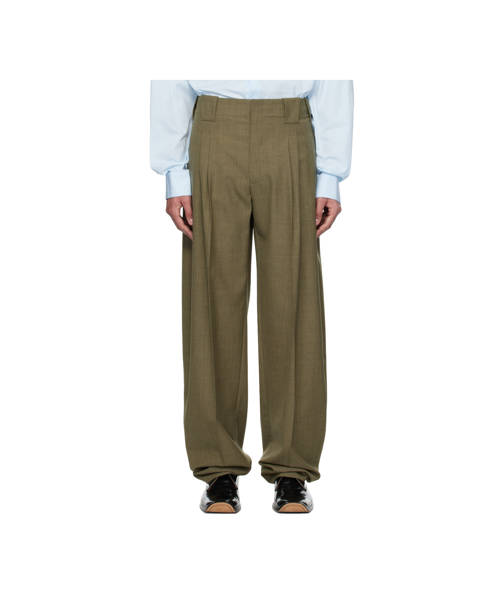 Mugler Khaki Pleated Wide Leg Trousers In Green