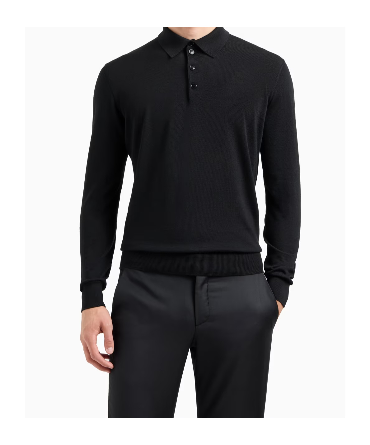 Giorgio Armani Official Store Long-sleeved Polo Shirt In Virgin Wool In Black