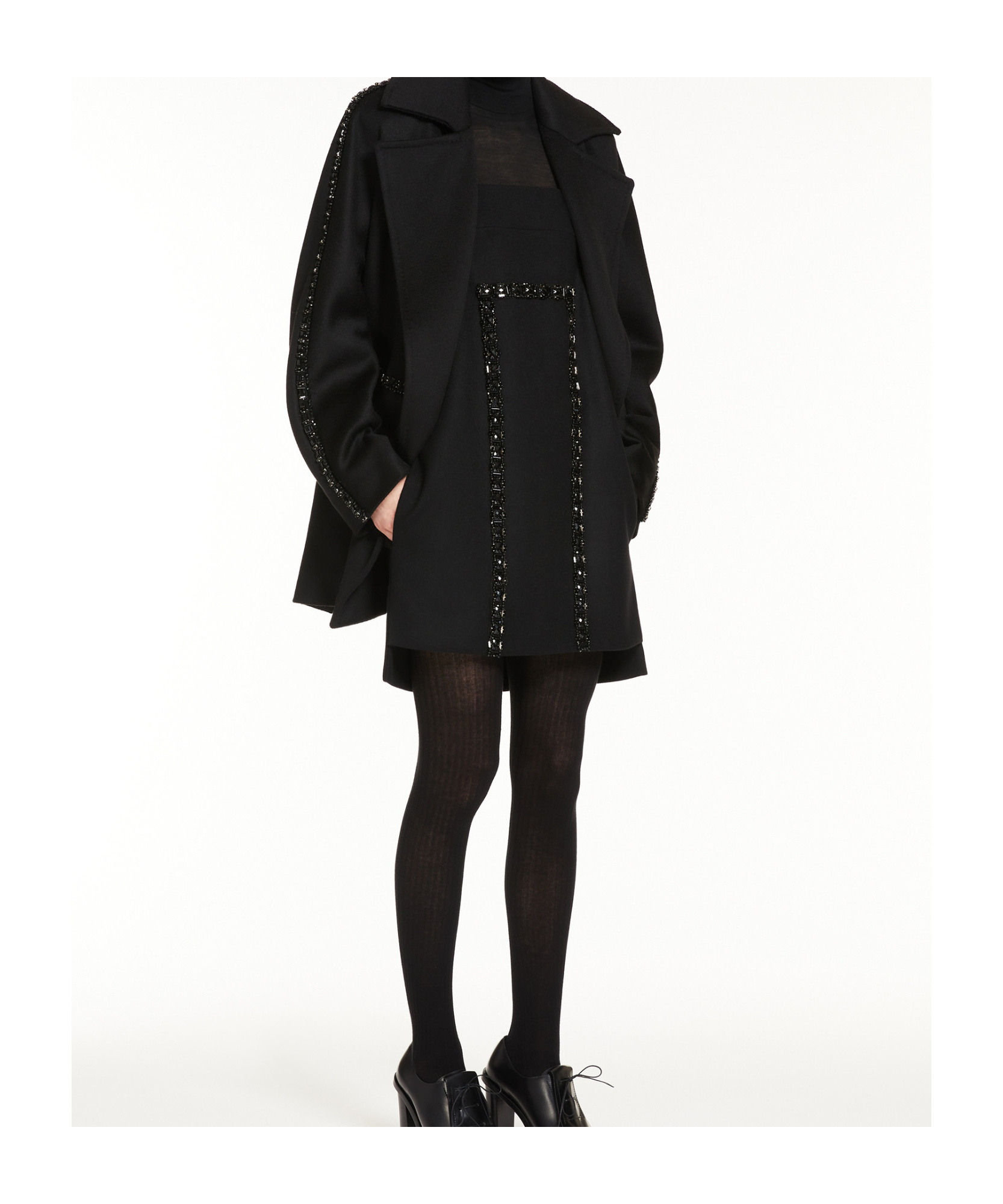 Max Mara Luxe Wool Coat Crystal Embellishment In Black