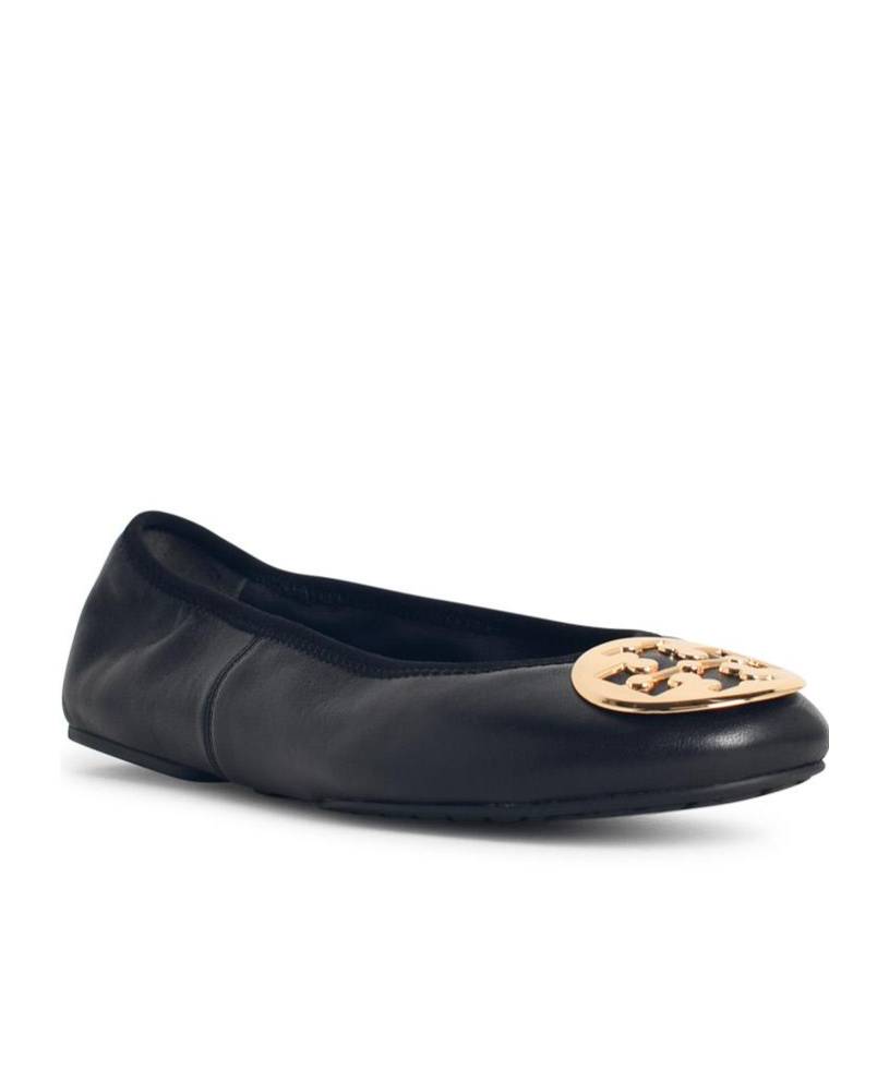 Tory Burch Logo-plaque Leather Ballet Flats In Black