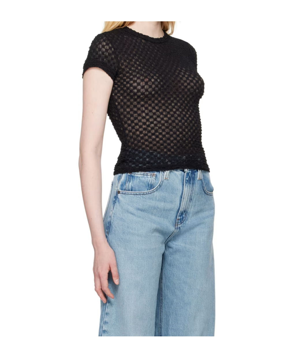 Frame Mesh Lace Round-neck Top In Black
