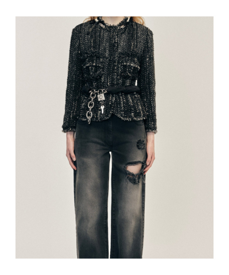 Simone Rocha Embellished Sculpted Frill Bust Fray Jacket In Black