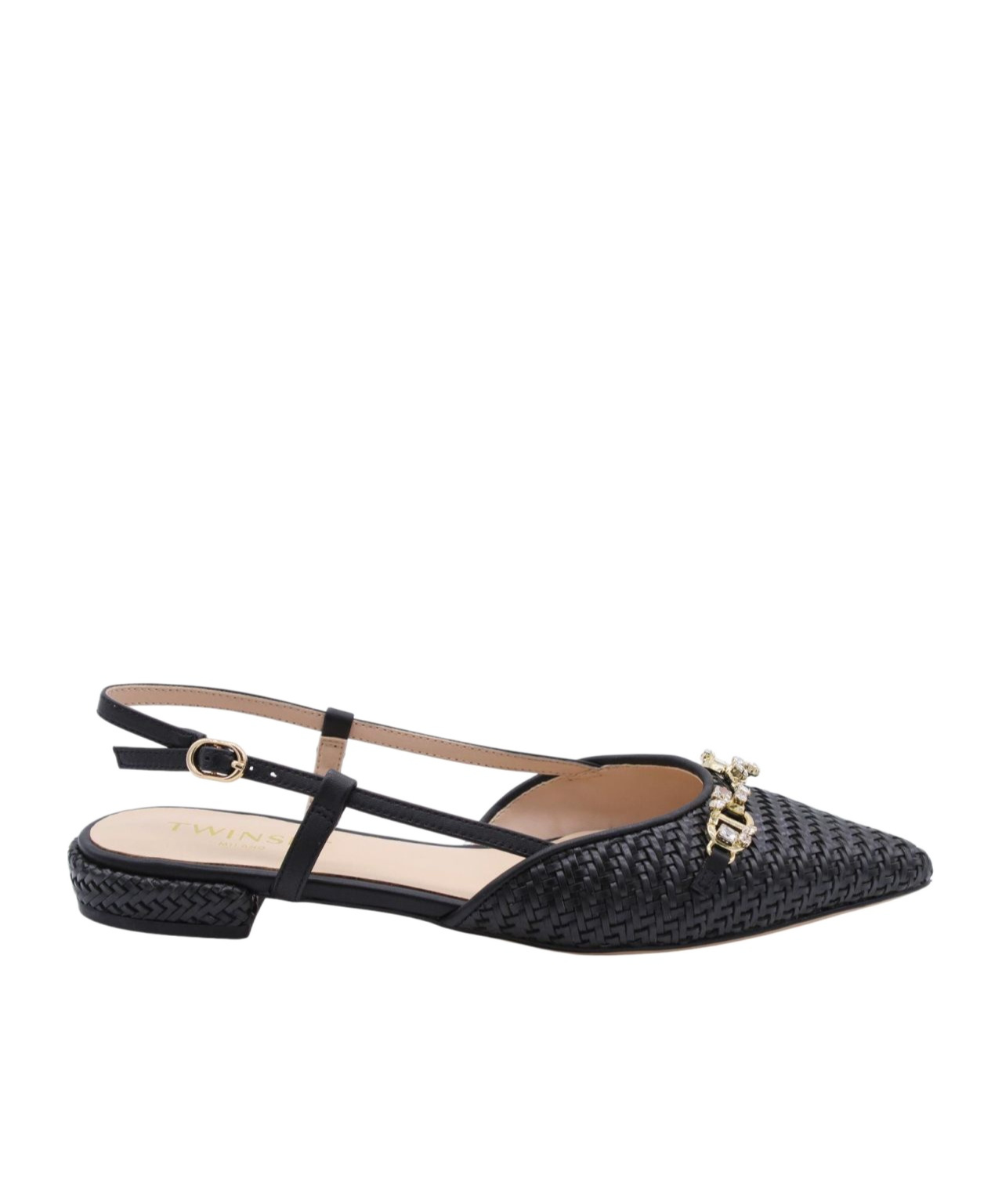Twinset Raffia Sandal With Jeweled Clamp In Black