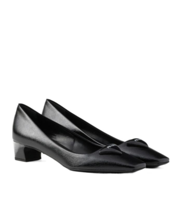 Prada Triangle Saffiano Patent Pump In Black