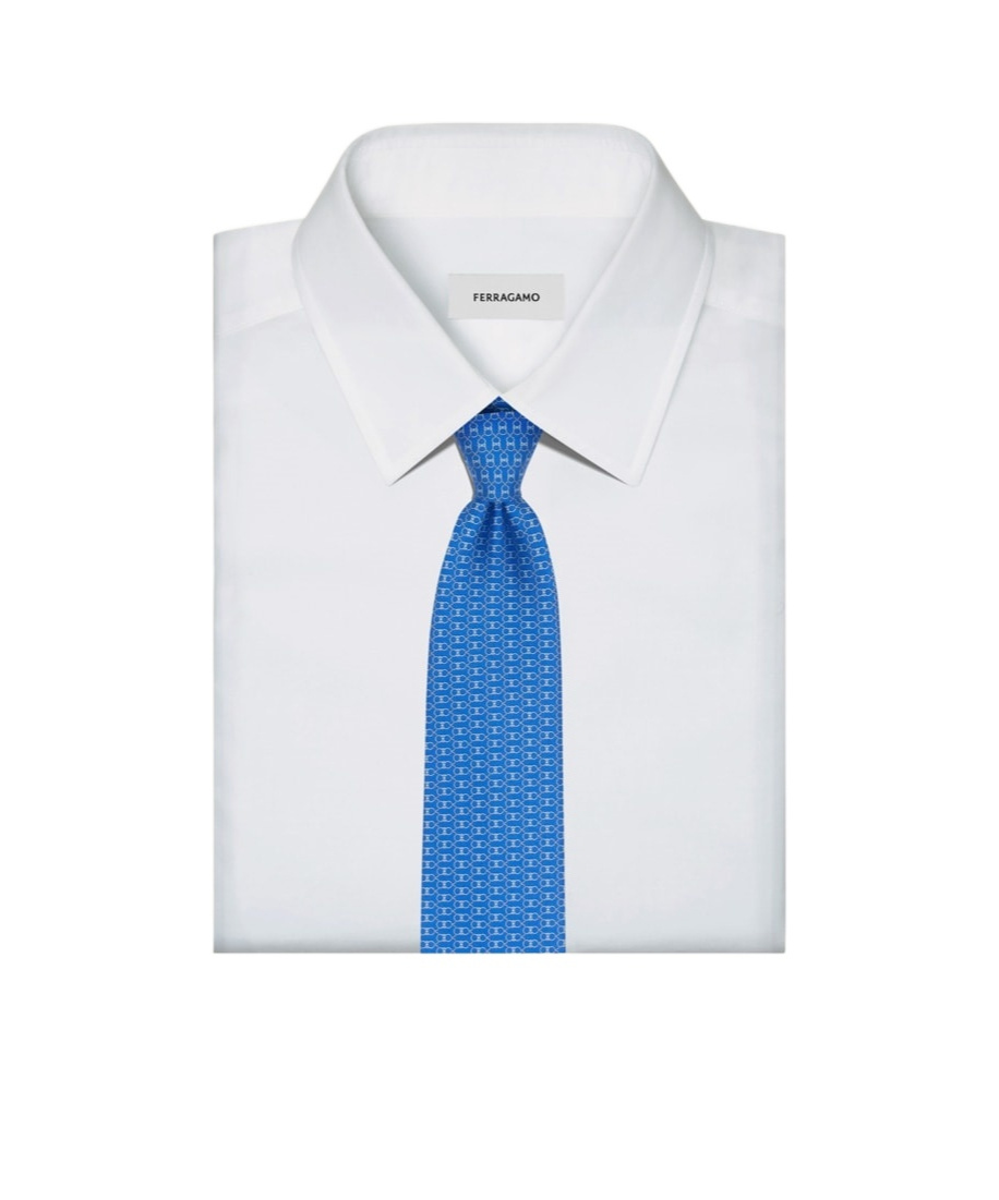 Ferragamo Interlinked Gancini Print Silk Tie In Blue