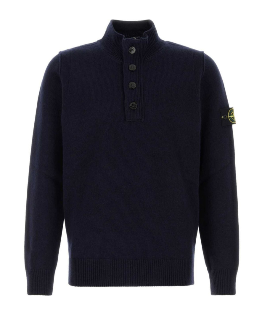 Stone Island Button-placket Long-sleeve Sweater In Blue