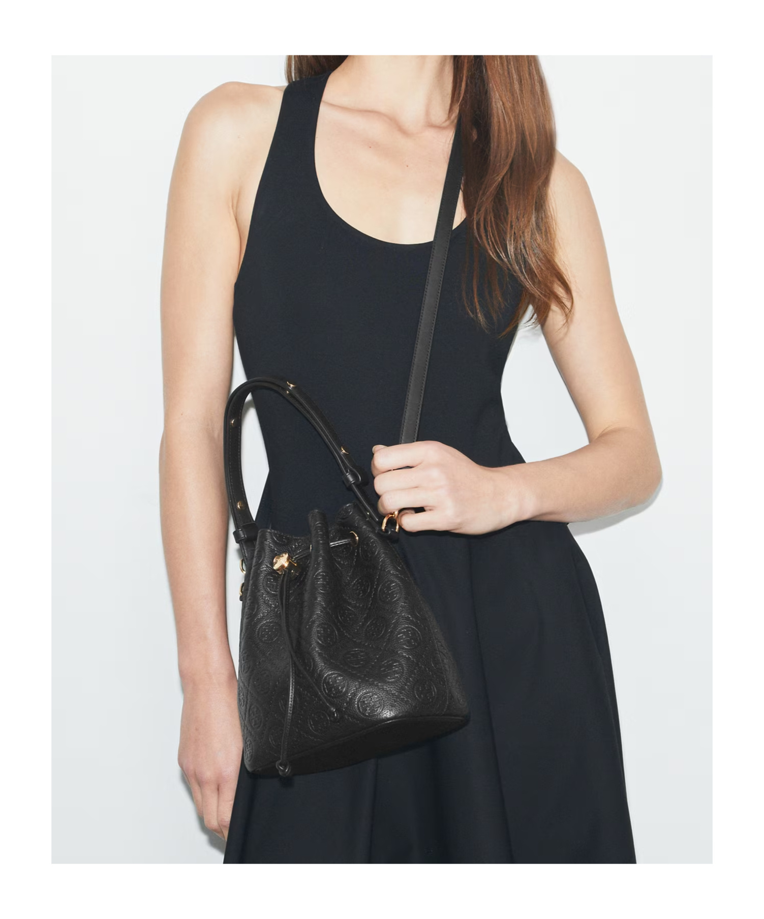 Tory Burch Mini T Monogram Pebble Leather Bucket Bag In Black