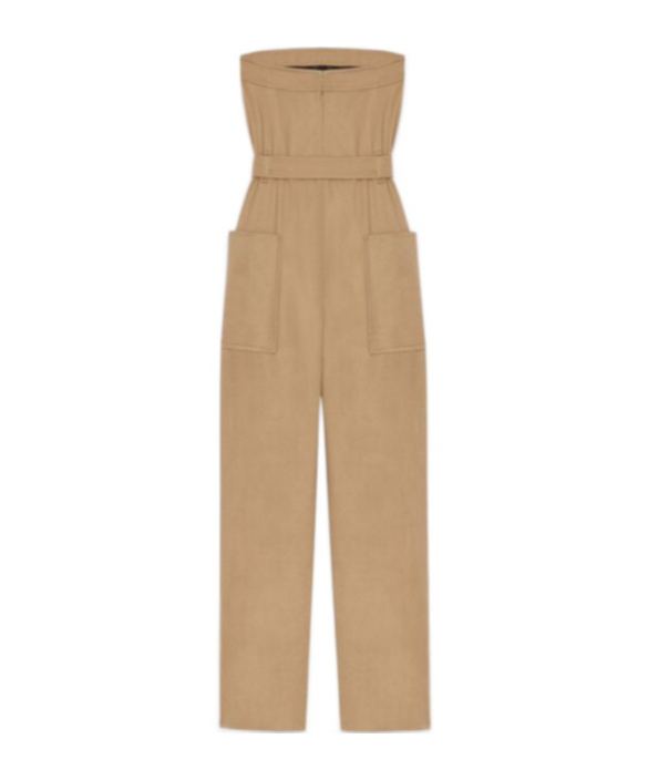 Shop Saint Laurent Strapless Belted Cotton Jumpsuit In Nude