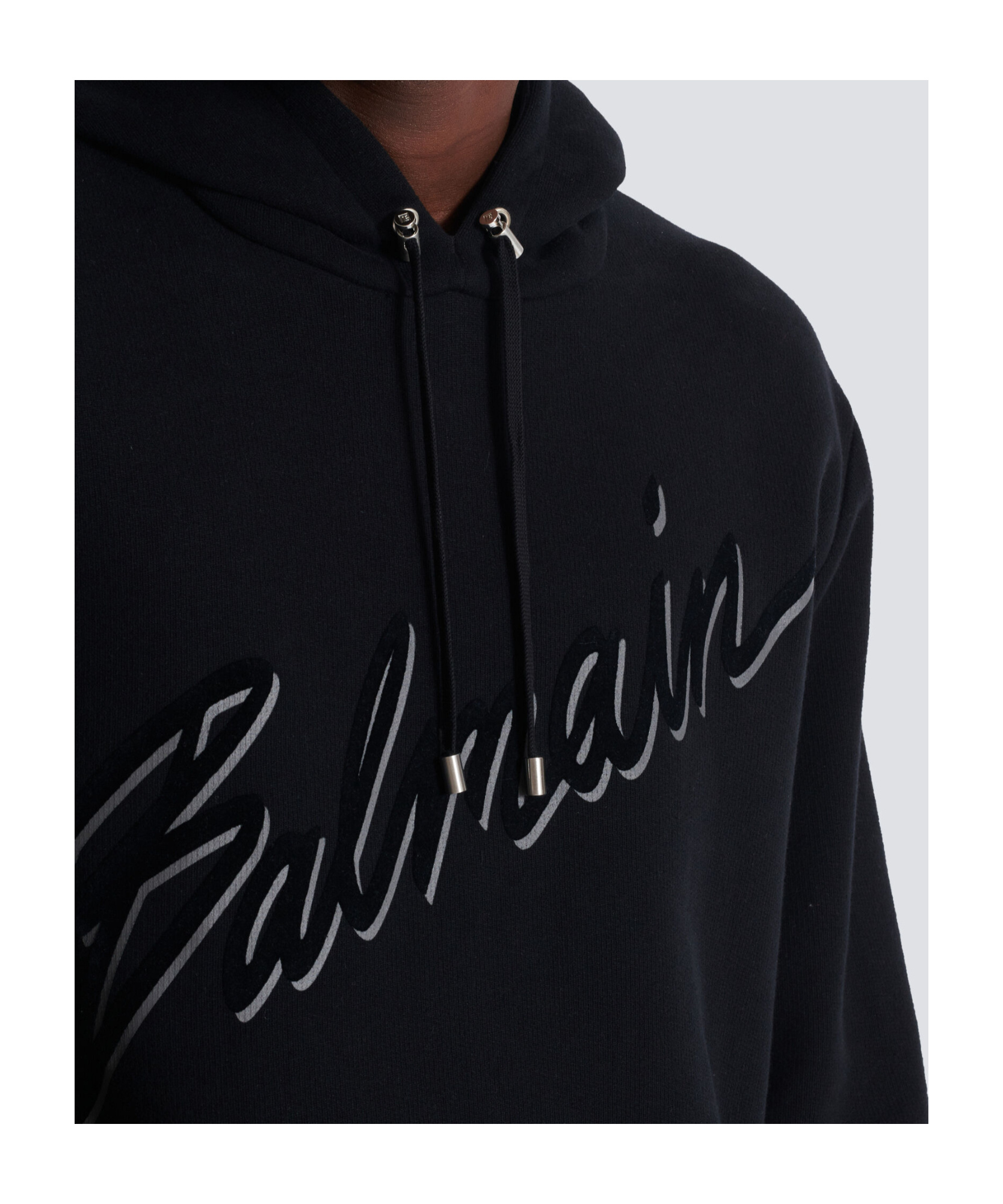 Balmain Cotton Hoodie With Embossed Velvet Logo In Black