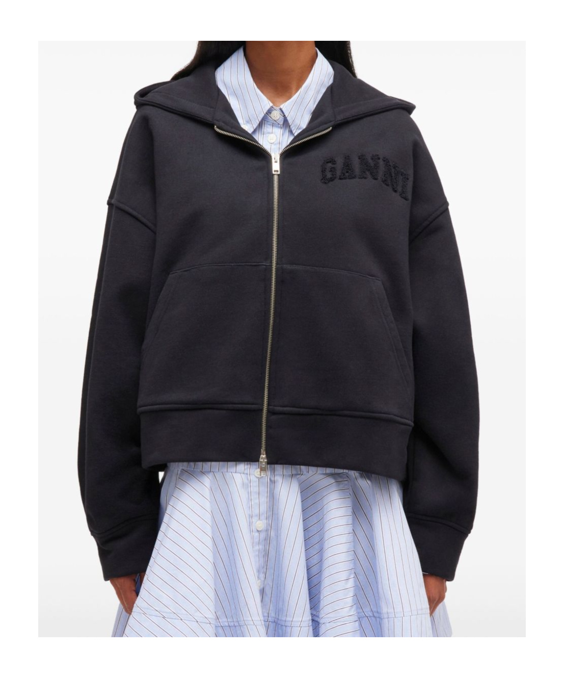 Ganni Hooded Long Sleeve Organic Cotton Sweatshirt In Black