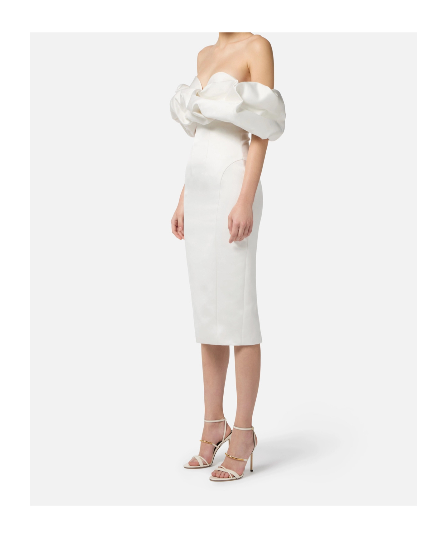 Elisabetta Franchi Dress In Duchess Satin With 3d Neckline In White