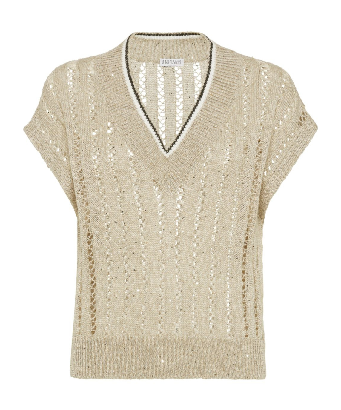 Brunello Cucinelli Women Dazzling Ribbed Net Knitted T-shirt In Linen In Nude