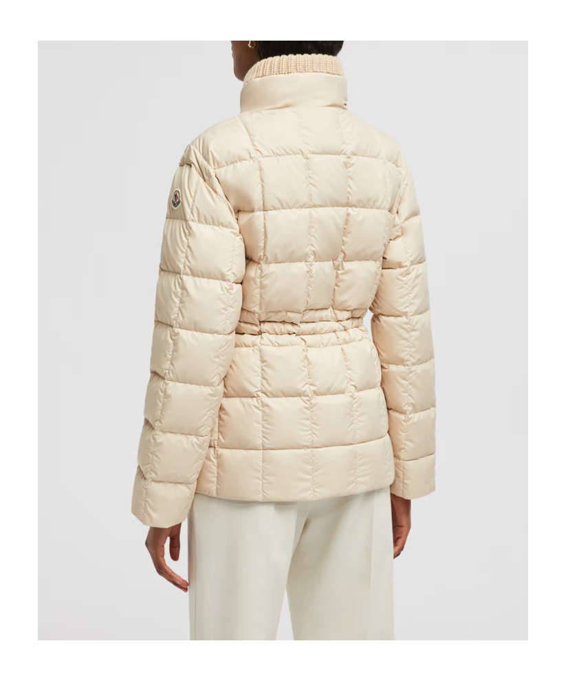 Moncler Antigone Leather-trimmed Short Down Jacket Beige In Neutral