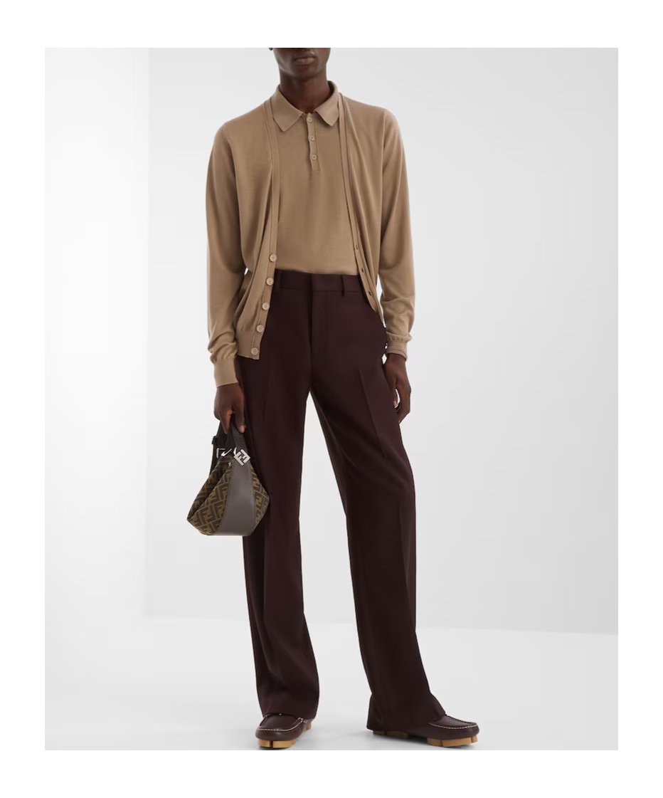 Fendi V-neck Wool Cardigan Ribbed Edges In Nude