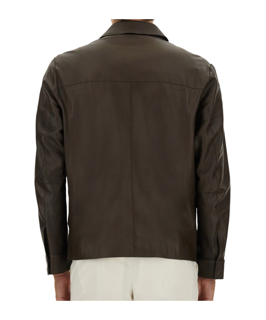 Hugo Boss Boss Camel Brown Leather Jacket With Classic Collar In Black