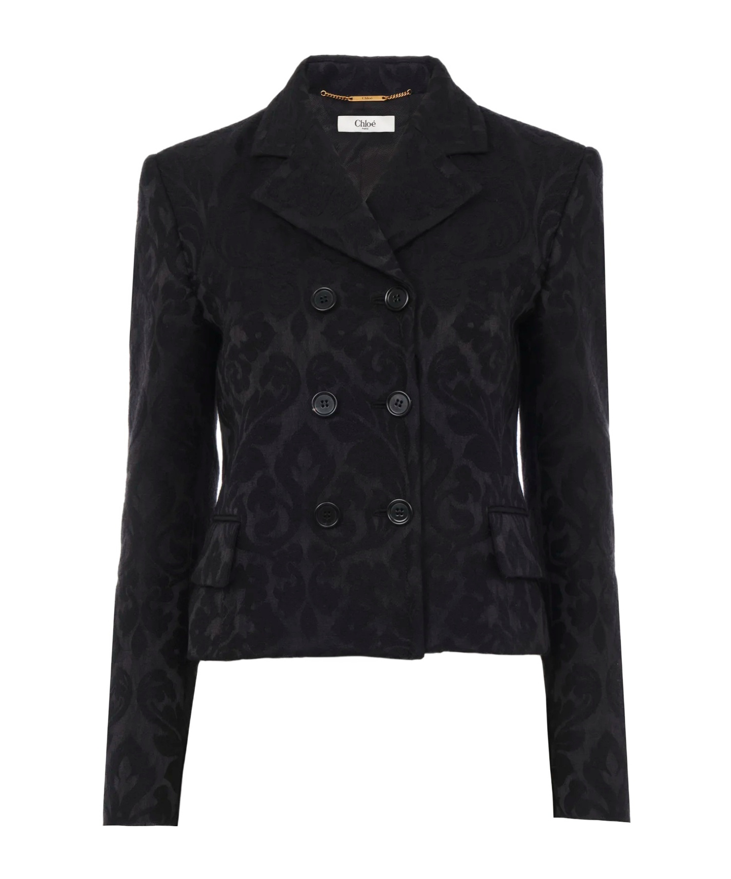 Chloé Double Breasted Floral Jacquard Wool Blend Crop Jacket In Black