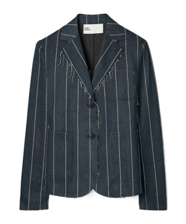 Tory Burch Pinstripe Frayed-edge Blazer In Blue