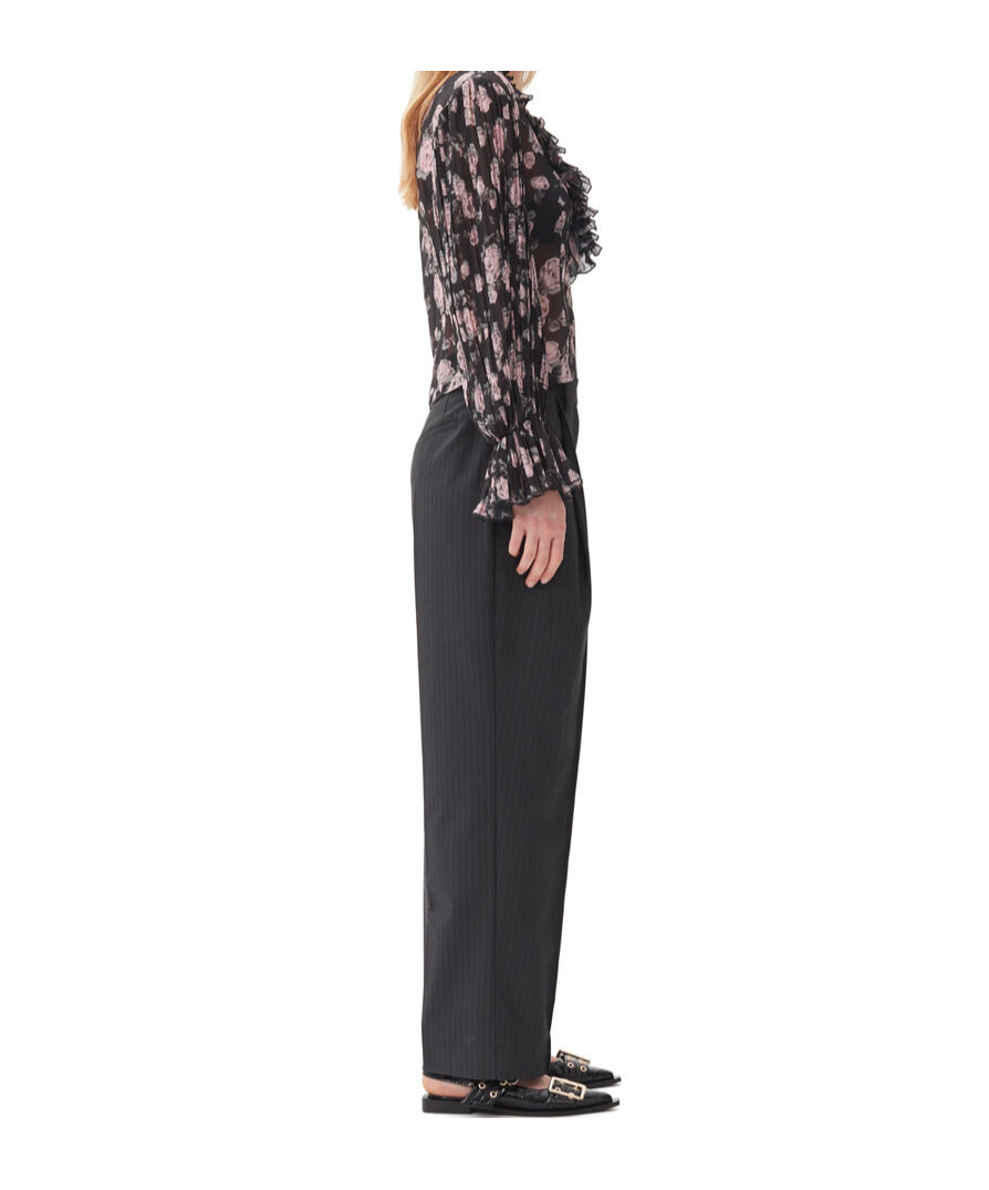 Ganni Pleated Pinstripe Trousers In Black