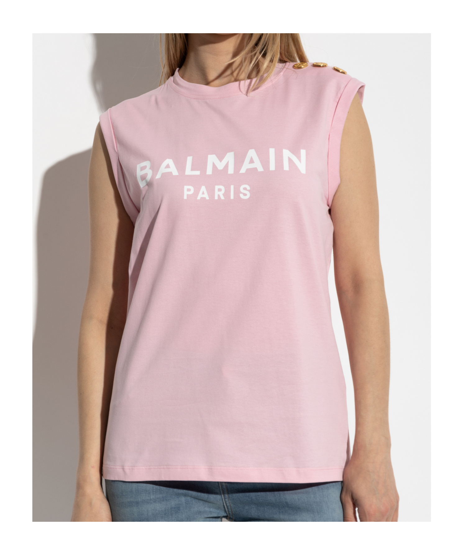 Balmain Logo Button Crew Neck Sleeveless Top In Pink