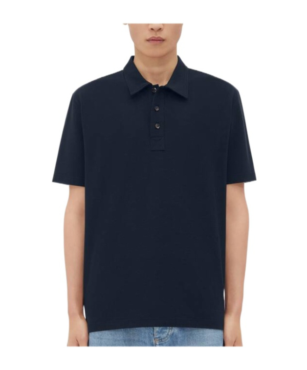Bottega Veneta Blue Polo With Classic Collar And Embroidered Logo On The Front In Tone On Tone Cotto In Black