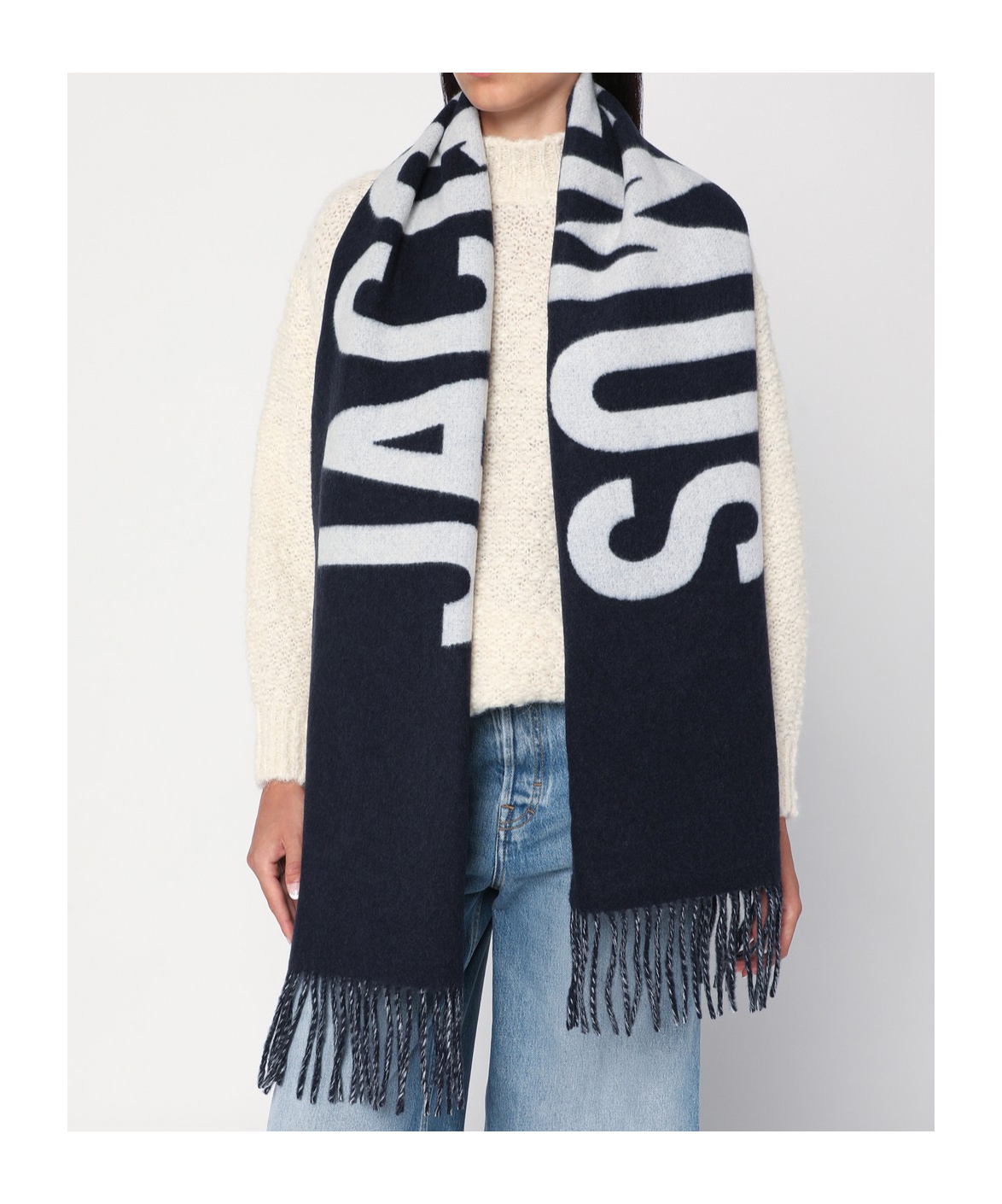 Jacquemus Navy Blue Wool Scarf With Logo In Black