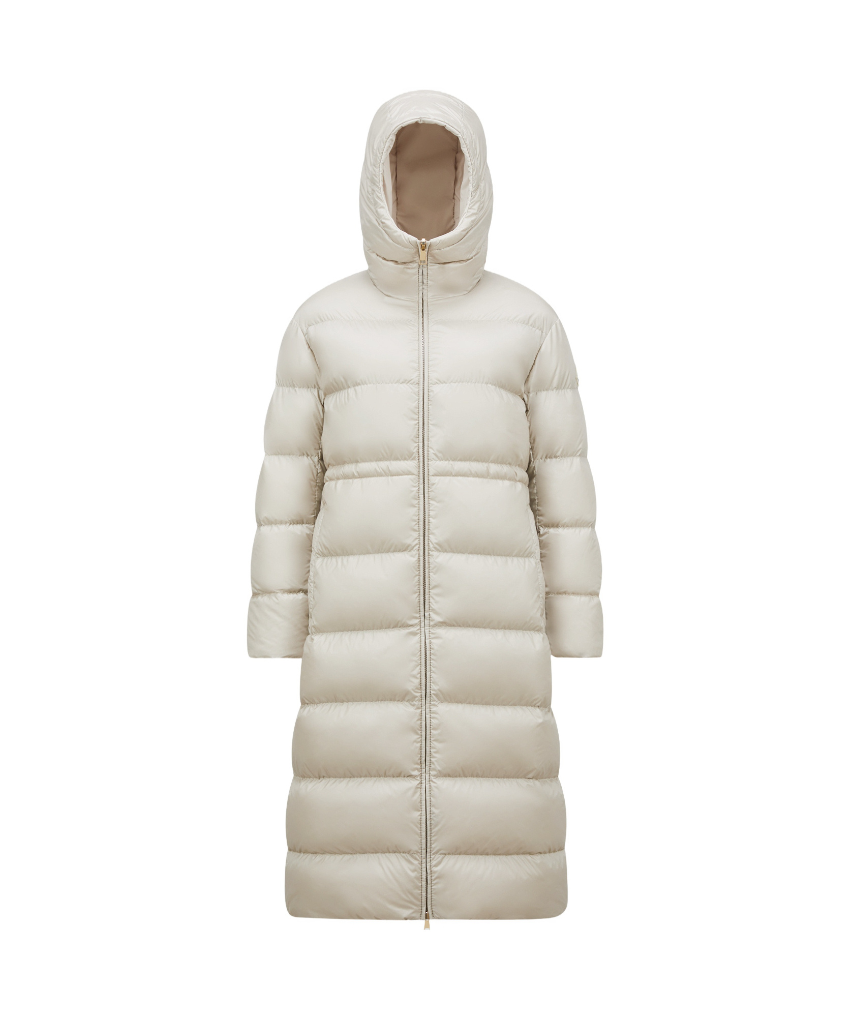 Moncler Boulogne Reversible Long Down Jacket Beige In Nude