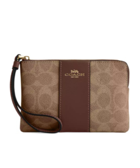Coach Corner Zip Wristlet In Signature Canvas With Stripe