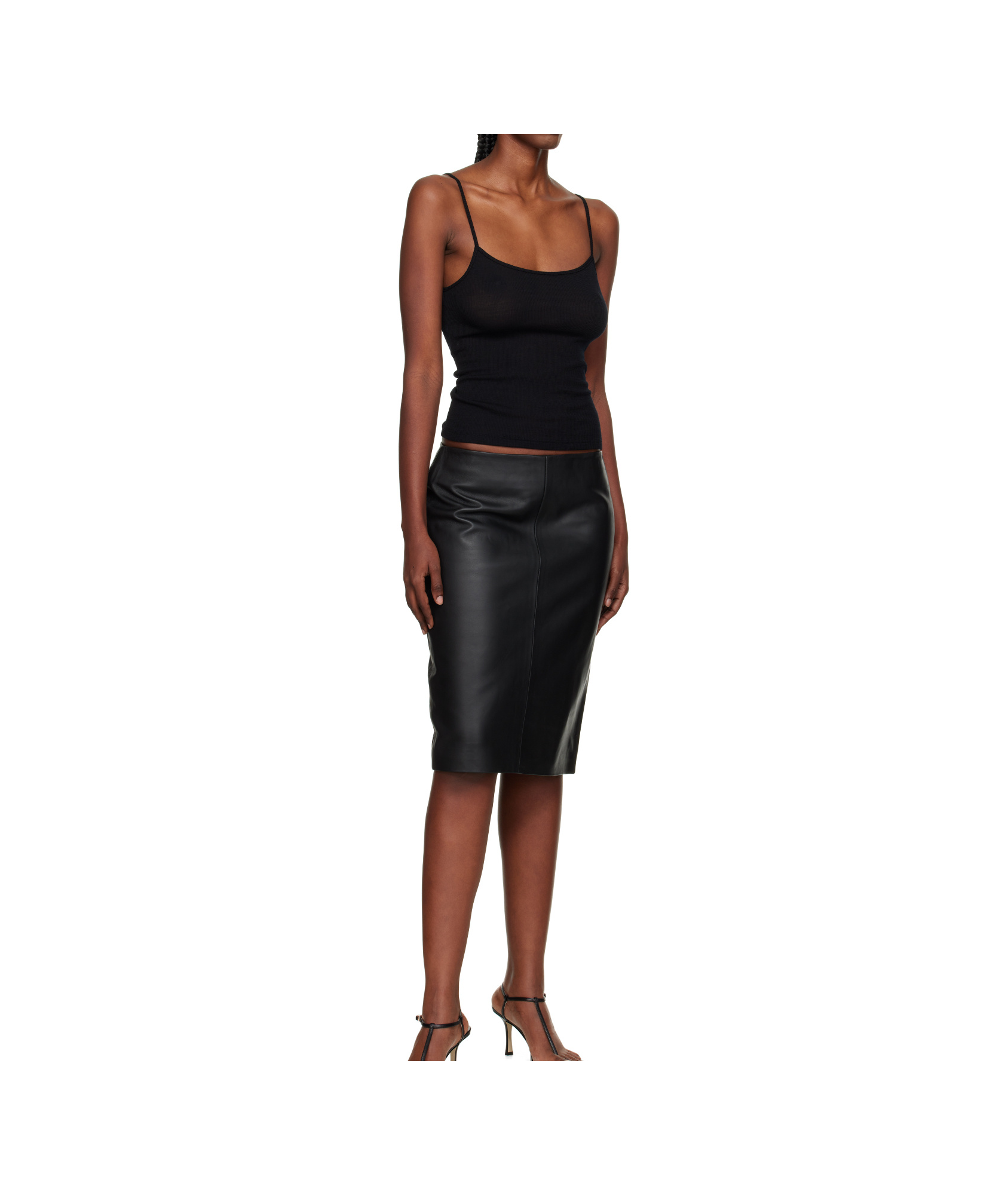 St Agni Black Pencil Leather Midi Skirt In Black