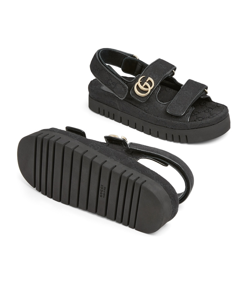 Gucci Double-strap Leather Sandals Gold-tone Hardware In Black