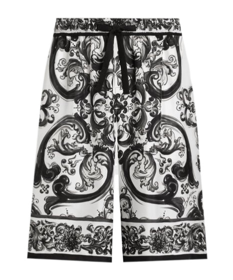 Dolce & Gabbana Maiolica Black And White Shorts With Elastic Drawstring Closure And All-over Print In Silk Man