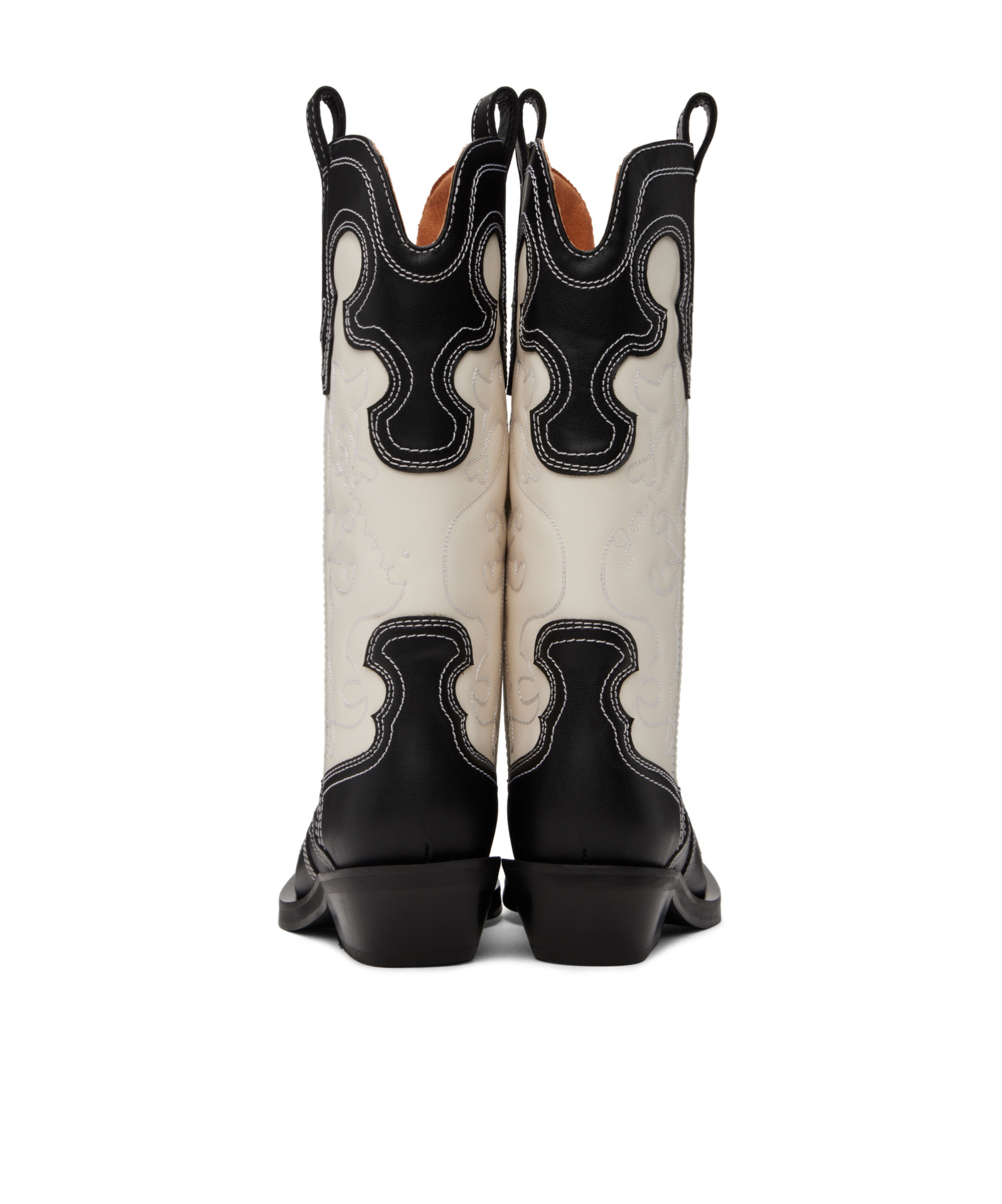 Ganni Mid Shaft Embroidered Western Boots Bicolor Black/egret In Black