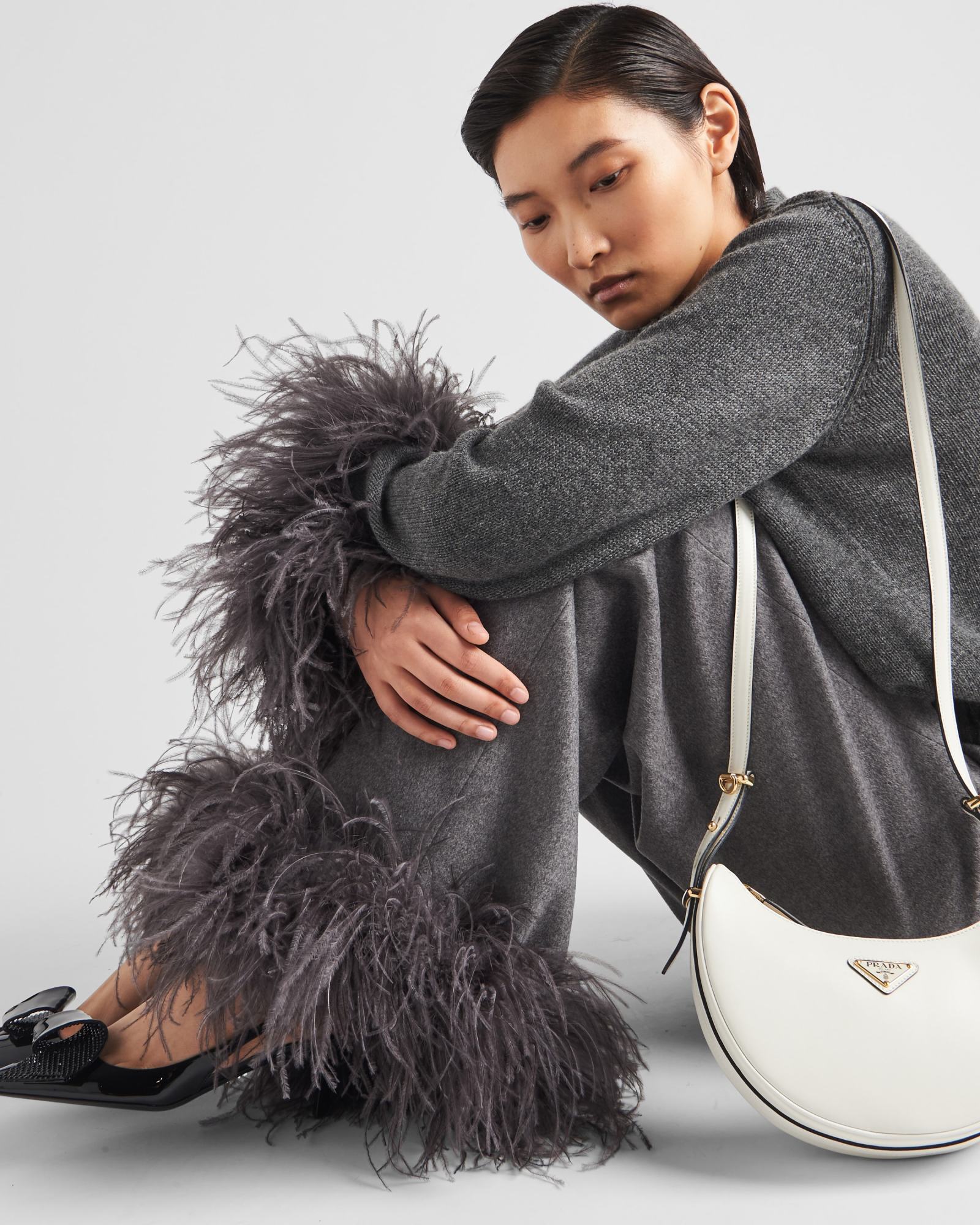 Prada Cashmere Pants With Feathers In Gray