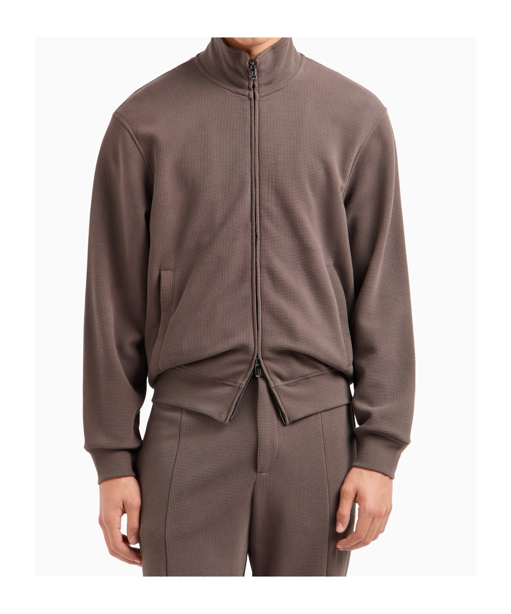 Emporio Armani Travel Essentials Full-zip Sweatshirt In Waffle Jersey In Brown