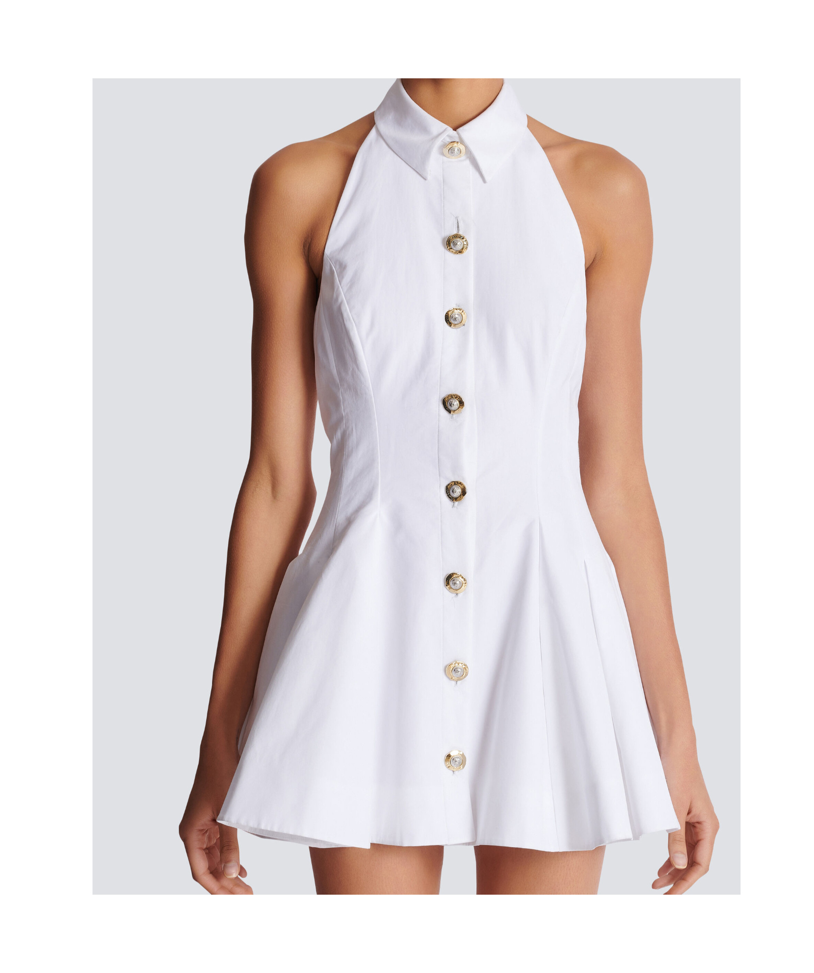 Balmain Flared Cotton-poplin Halter-neck Mini Shirt Dress In White