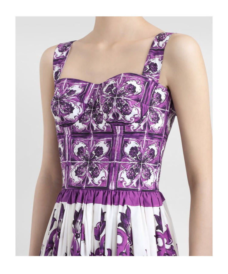 Dolce & Gabbana Women Cotton Midi Dress With Maiolica Print In Purple