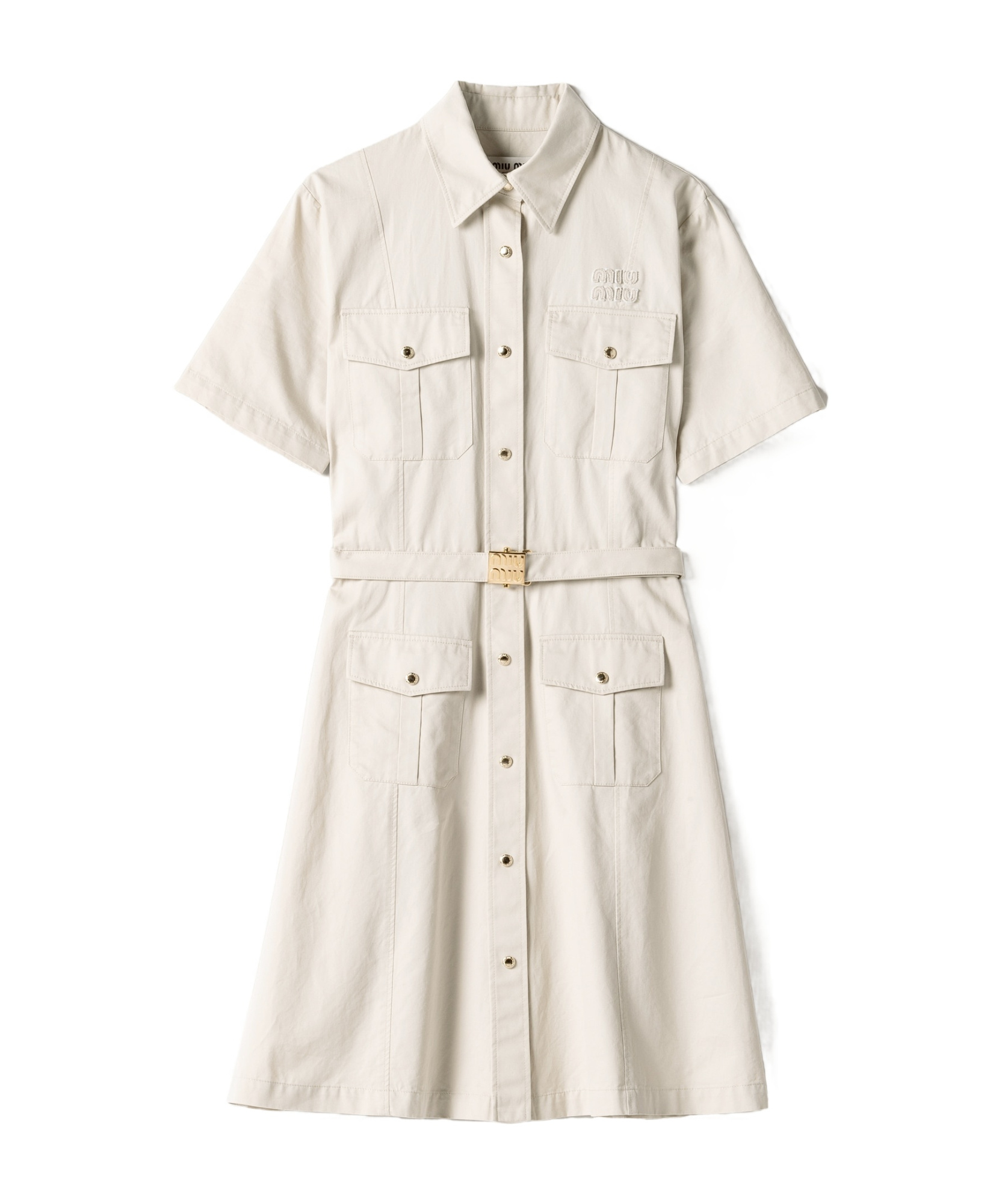 Miu Miu Logo-patch Belted Shirt Dress In Gray