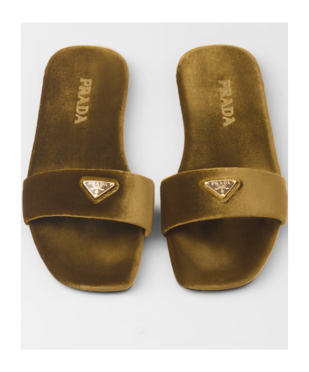 Shop Prada Flat Velvet Slides In Oak