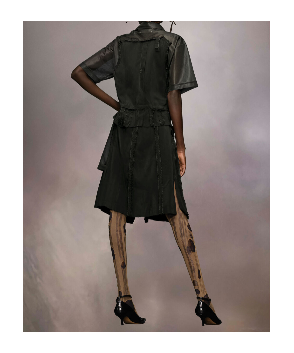 Maison Margiela Womens Mesh-panels Short-sleeves Woven Midi Dress Black And Black In Black