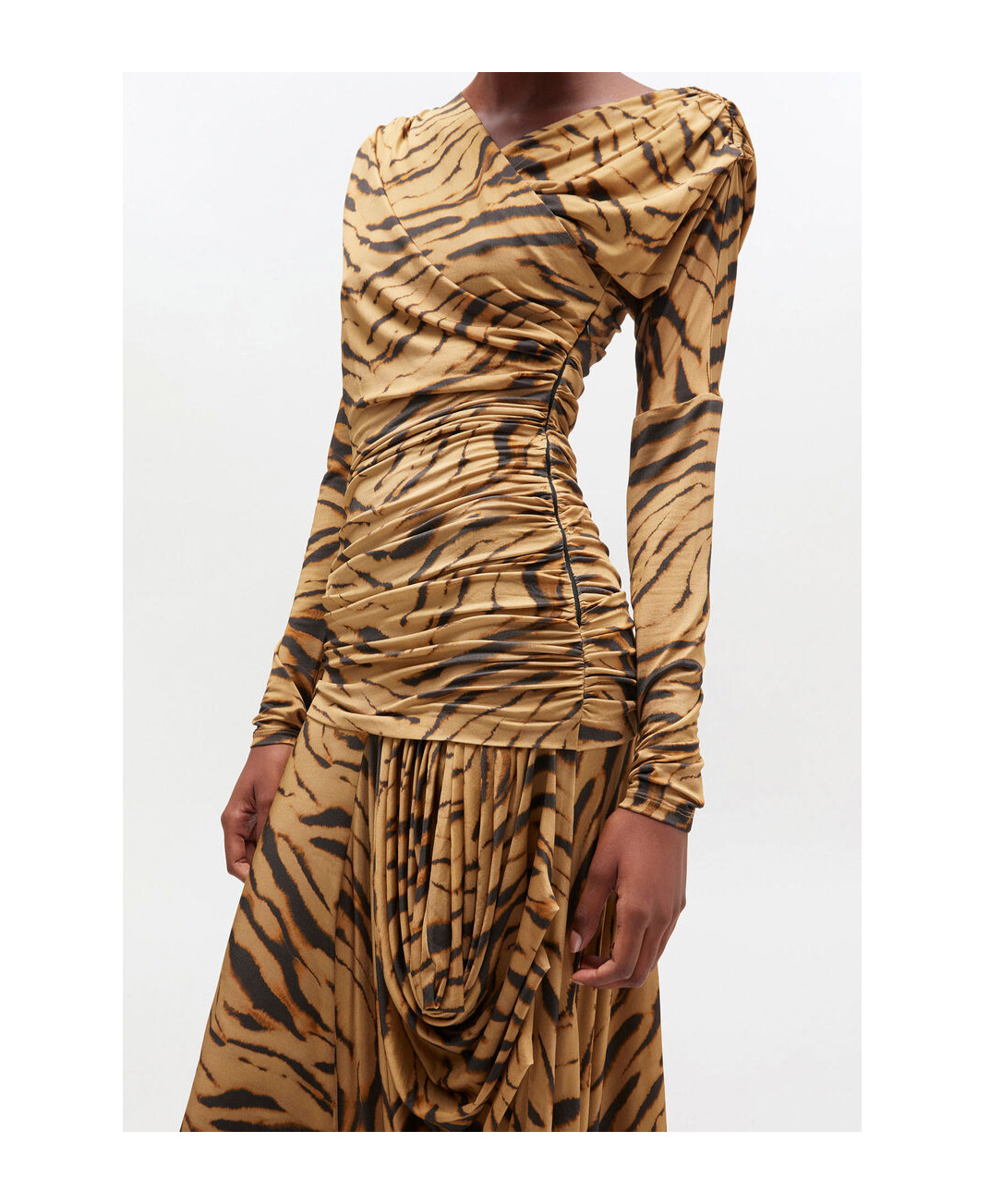 Ganni Asymmetric Draped Tiger-print Maxi Dress In Yellow