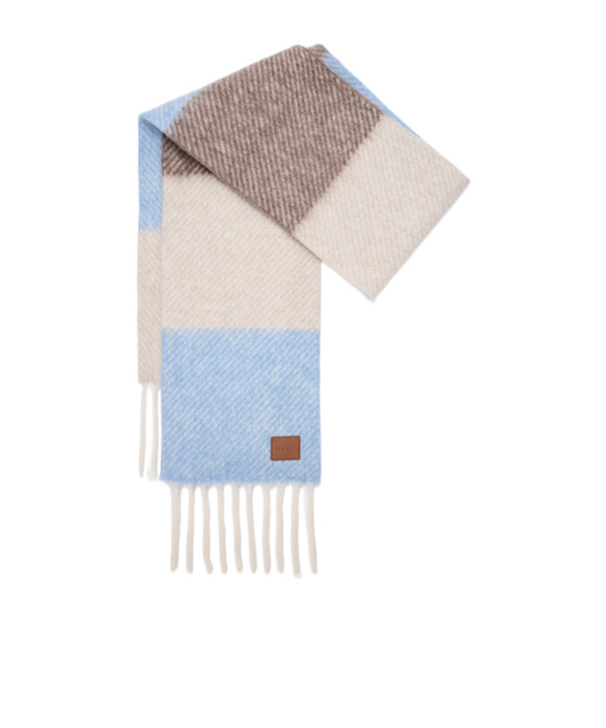 Loewe Logo Patch Striped Fringed Scarf In Blue
