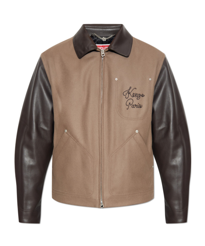 Kenzo Leather-sleeved Embroidered Jacket Coats Beige In Brown